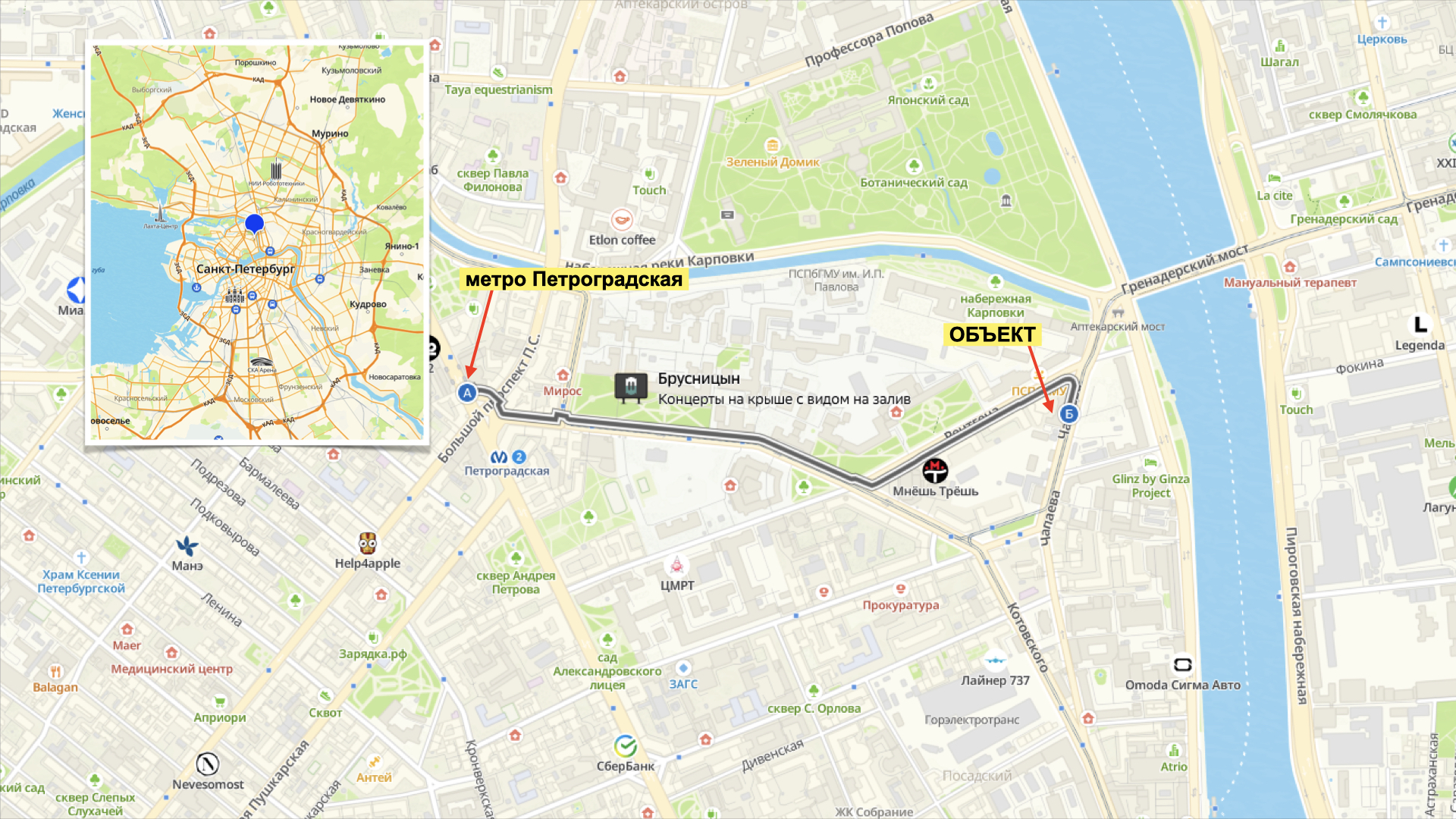 До станции метро Петроградская 1 км.